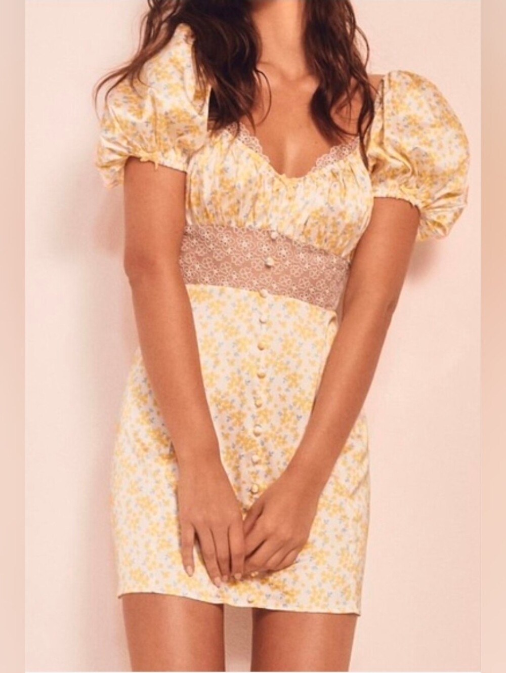 For Love & Lemons Daffodil Yellow Floral Lace Mini Dress XS